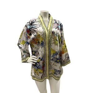 Chicos SZ 3 US XL Silk Cotton Blend Open Front Watercolor Floral Print Cardigan
